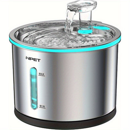 Cat Water Fountain Stainless Steel 50oz/1.5L – Ultra Quiet Auto Pet Water Dispenser with LED Light, Visible Window & Dishwasher Safe