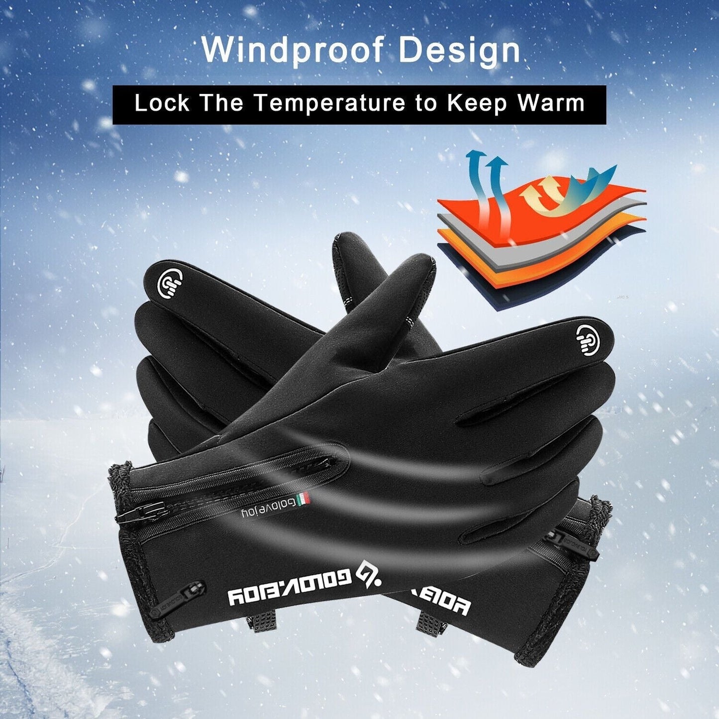 Two-Pair Full-Finger Winter Gloves in Black or Gray with Complete S, M, L, XL and XXL Size Grid