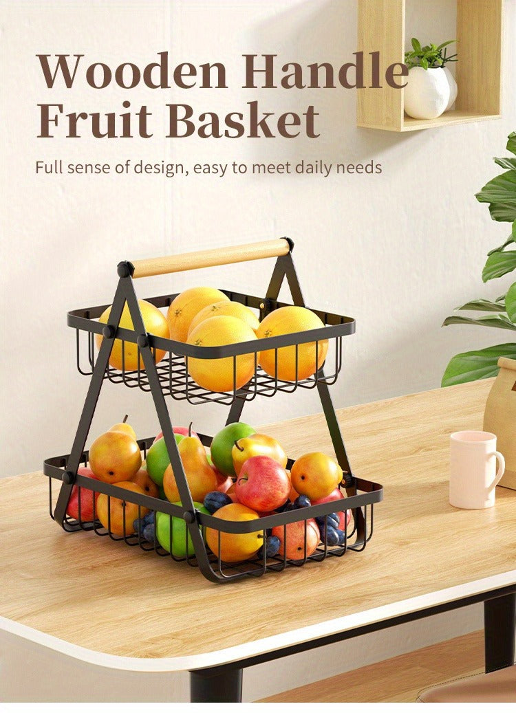 Two-Tier Black Wire Fruit Basket with Wood-Look Carry Handle and 12.2-Inch Countertop Frame