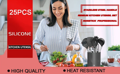 Silicone Kitchen Utensil Set with 25 Tools and Accessories, Holder and Grey, Black or Coffee Colors