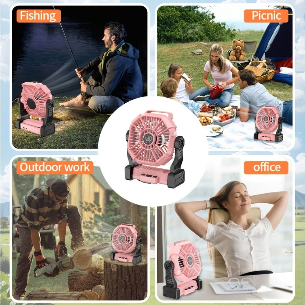 Portable Camping Fan 3-in-1 with LED Lantern & USB Charging – Battery Powered Tent Fan with Timer, 360° Rotation, for Outdoor Camping