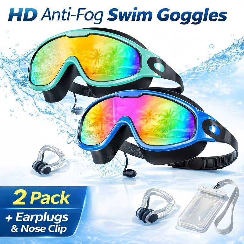 Two-Pack Wide-Lens Swim Goggles with Mirrored Blue-Green Lenses, Adjustable Straps, Case and Accessories
