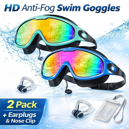 Two-Pack Wide-Lens Swim Goggles with Mirrored Blue-Green Lenses, Adjustable Straps, Case and Accessories