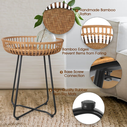 Side Table Rattan Collection with Bamboo-Woven Tops, Metal Bases and 18- or 20.4-Inch Options