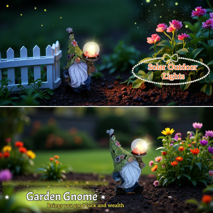 Solar Garden Gnome Statue with LED Magical Ball Light Outdoor Resin Dwarf Sculpture IP44 Waterproof Spring Yard Patio Decor Housewarming