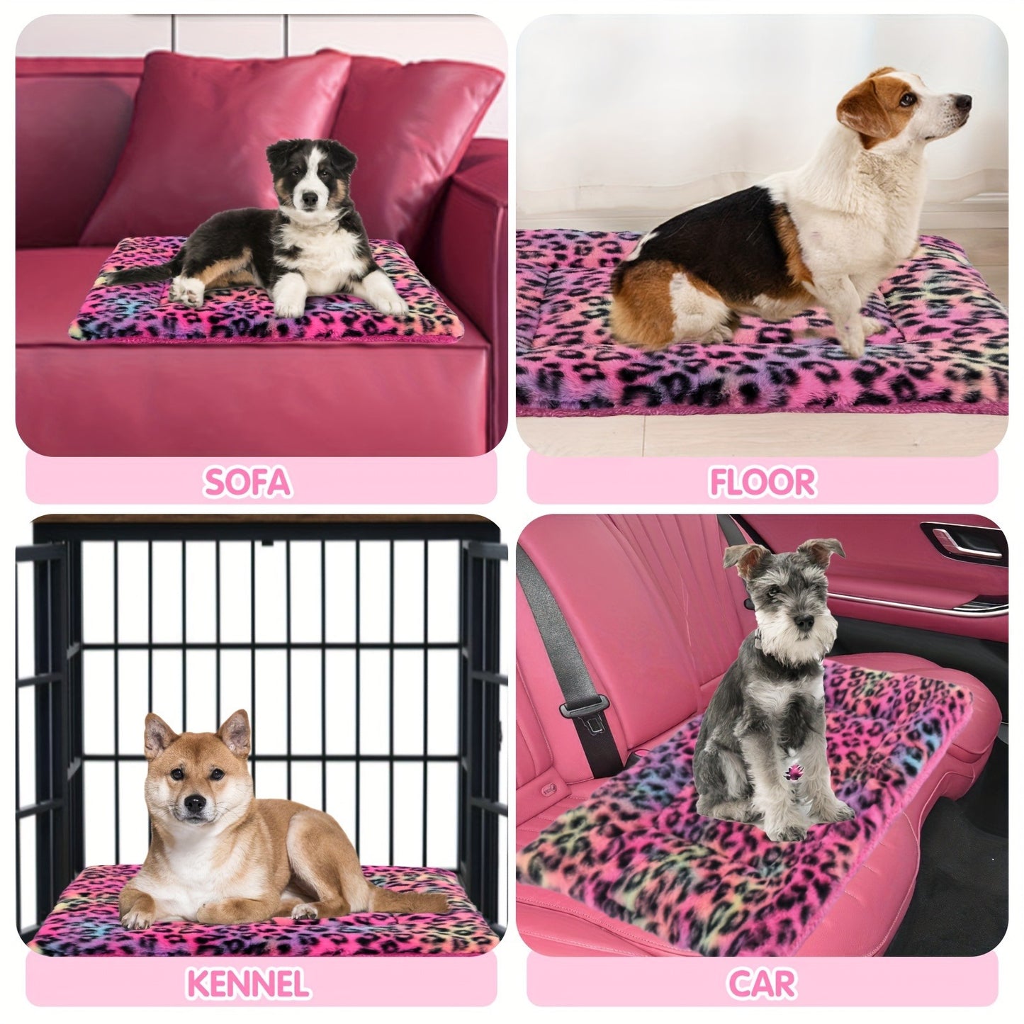 Reversible Plush Pet Mat Leopard Print Fleece Soft Warm Dog Cat Bed Pad Anti-Slip Machine Washable for Crate Car Sofa Floor