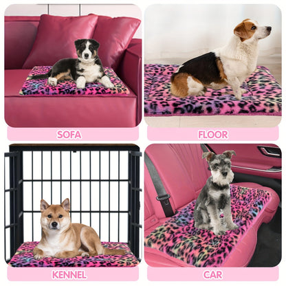 Reversible Plush Pet Mat Leopard Print Fleece Soft Warm Dog Cat Bed Pad Anti-Slip Machine Washable for Crate Car Sofa Floor