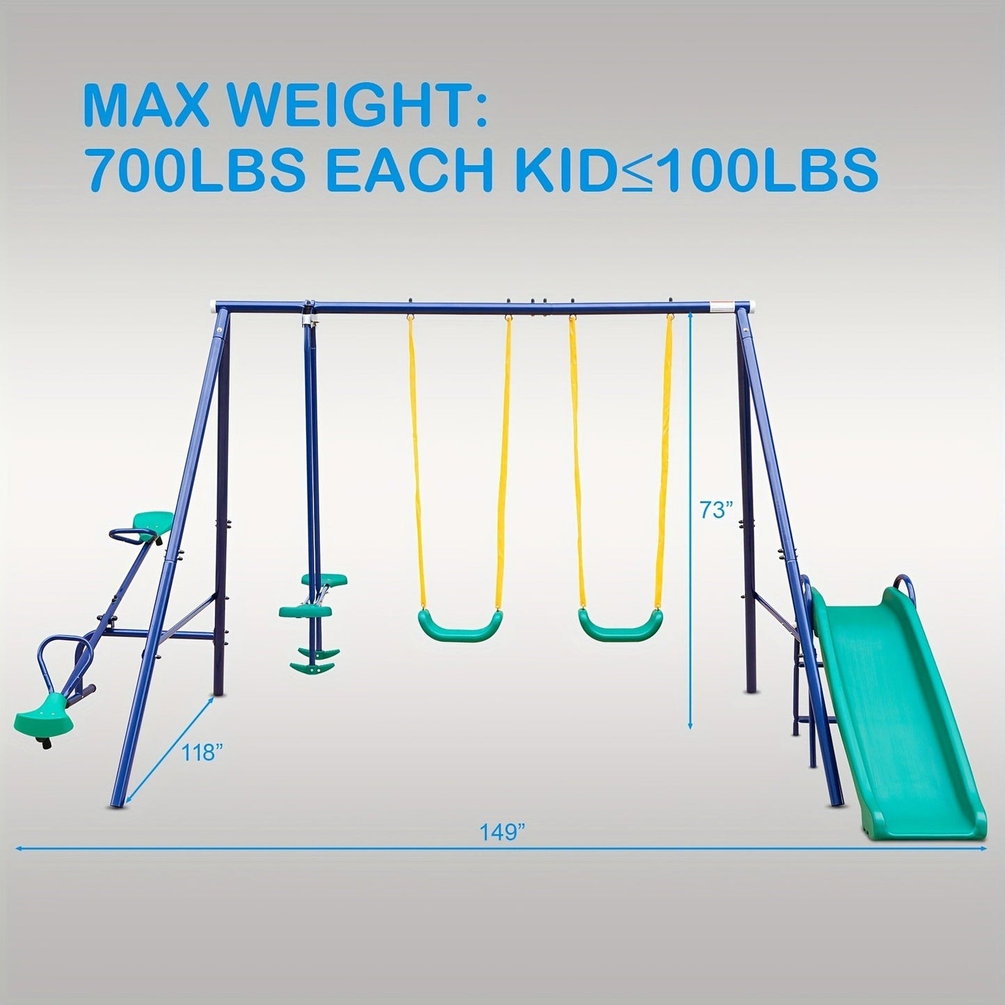 Heavy Duty A-Frame Metal Swing Set for Backyard with 2 Swings Slide Glider Seesaw Disc Seat Outdoor Playset for Kids Toddlers Backyard Play