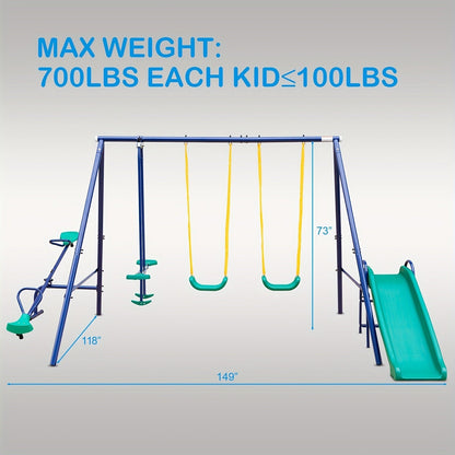 Heavy Duty A-Frame Metal Swing Set for Backyard with 2 Swings Slide Glider Seesaw Disc Seat Outdoor Playset for Kids Toddlers Backyard Play