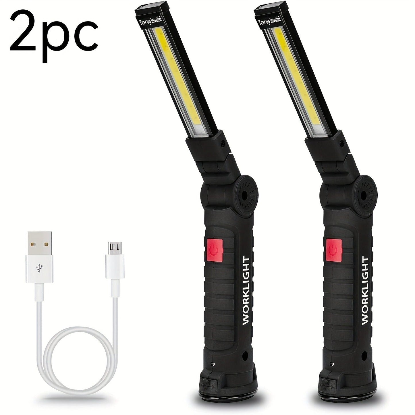 Foldable Black and Khaki Work Light Multipacks with Pivoting COB Bar and Pictured Charging Cables