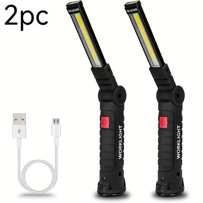Foldable Black and Khaki Work Light Multipacks with Pivoting COB Bar and Pictured Charging Cables