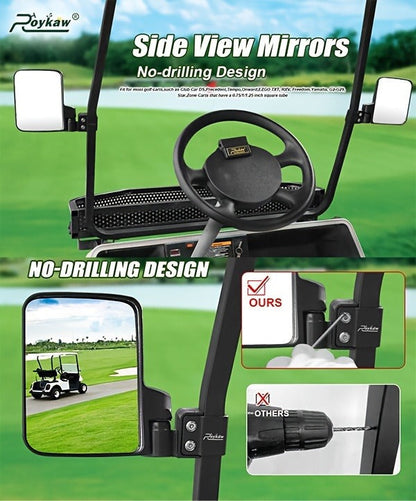 Golf Cart Mirror Set Convex Wide Angle Rotatable Side & Panoramic Rear View Mirrors – Fits Yamaha, EZGO, Club Car & Most Golf Carts