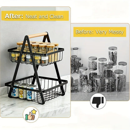 Fruit Basket Kitchen Organizer 2 or 3 Tier Metal Stand with Removable Wooden Handles for Countertop