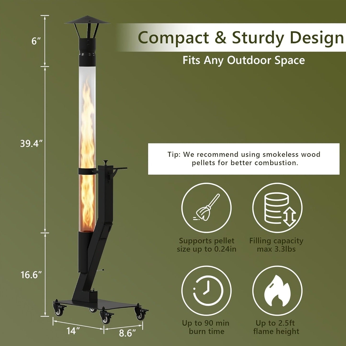 Wood Pellet Patio Heater Portable Gravity Feed Rocket Stove with Glass Tube Flame, Smokeless Non-Electric Outdoor Fire Pit for Backyard