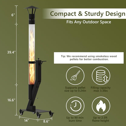 Wood Pellet Patio Heater Portable Gravity Feed Rocket Stove with Glass Tube Flame, Smokeless Non-Electric Outdoor Fire Pit for Backyard