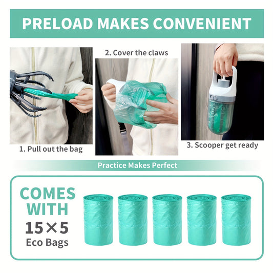Dog Pooper Scooper No-Touch 2-in-1 with 75 Waste Bags & Wide Claw Attachment – Portable Hands-Free Hygienic Waste Pick-Up System
