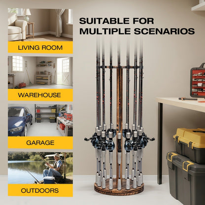 Fishing Rod Rack Holds 16 Rods – Circular Wooden Pole Holder with 360° Rotating Base Option – Space-Saving Wall-Free Fishing Rod Organizer