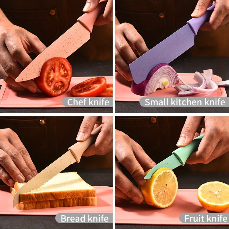 Seven-Piece Kitchen Knife Set with Four Pastel Knives, Kitchen Scissors, Peeler and Cutting Board