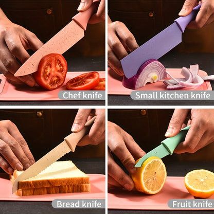 Seven-Piece Kitchen Knife Set with Four Pastel Knives, Kitchen Scissors, Peeler and Cutting Board