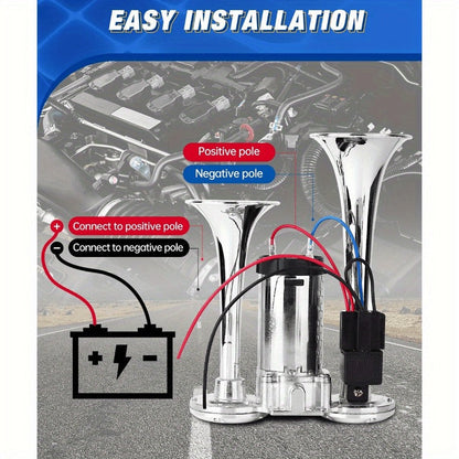 Dual Air Horn Kit 12V/24V 105-137dB with Air Compressor – Super Loud Aluminum Alloy Trumpet Horn for Truck, Train, SUV, Motorcycle