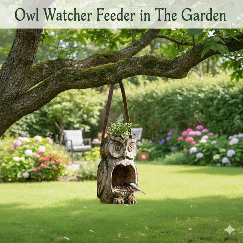 Bird Feeder Hanging Outdoor Rustic Wood Owl-Shaped Plant Pot for Patio Lawn Garden Decor – Open Design Decorative Planter for Bird Seed