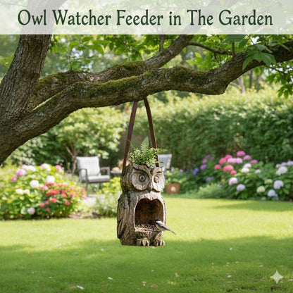 Bird Feeder Hanging Outdoor Rustic Wood Owl-Shaped Plant Pot for Patio Lawn Garden Decor – Open Design Decorative Planter for Bird Seed