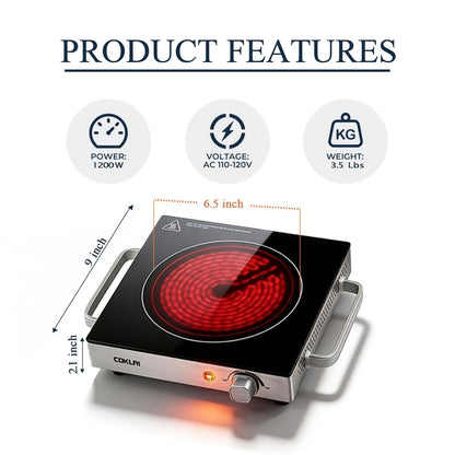 Portable Electric Stove Stainless Steel Single Burner Hot Plate with Temperature Control for Home Cooking, Dining and Outdoor Meals
