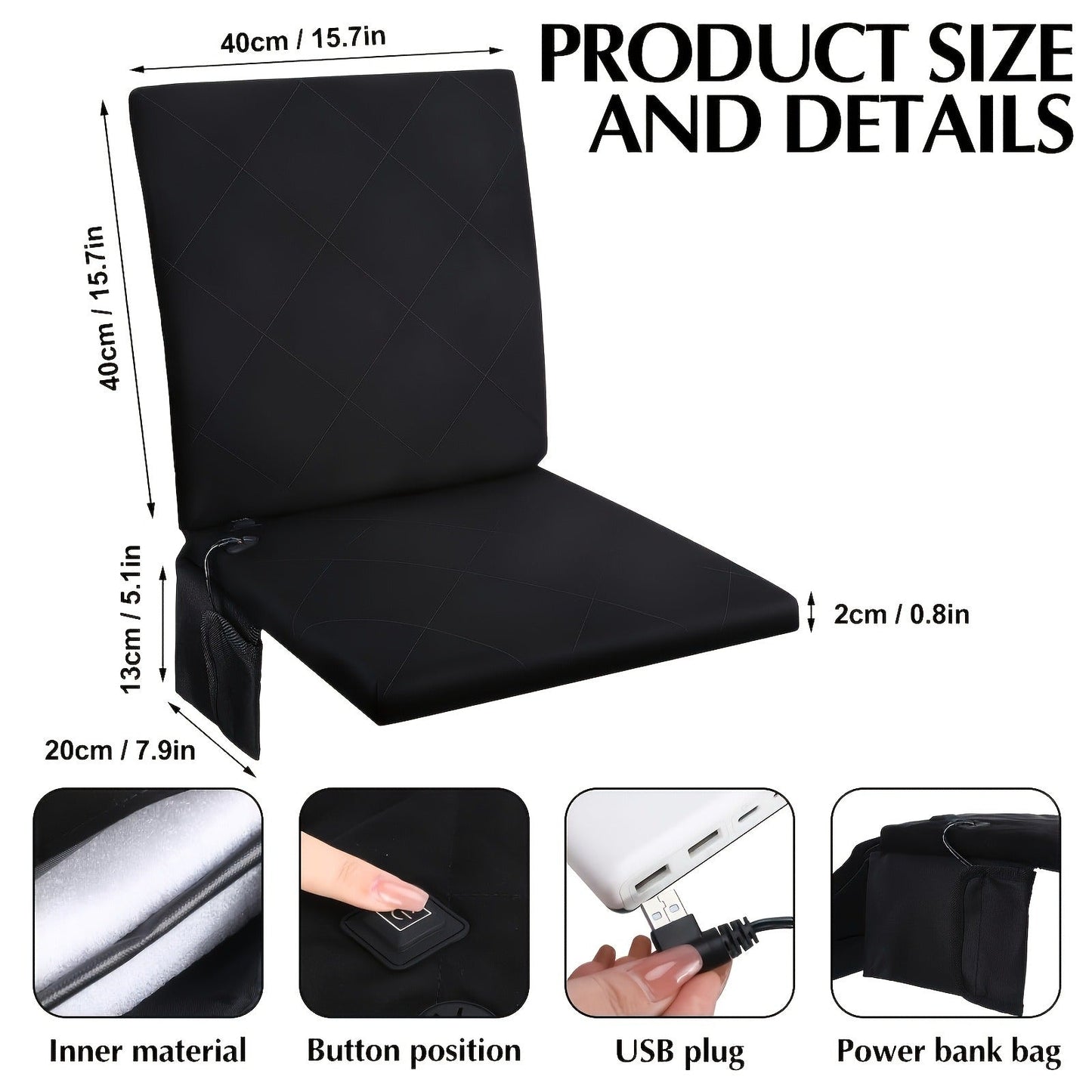 USB Heated Seat Cushion Foldable Heating Pad with 3 Adjustable Heat Modes – Portable Electric Warming Cushion for Stadium, Camping