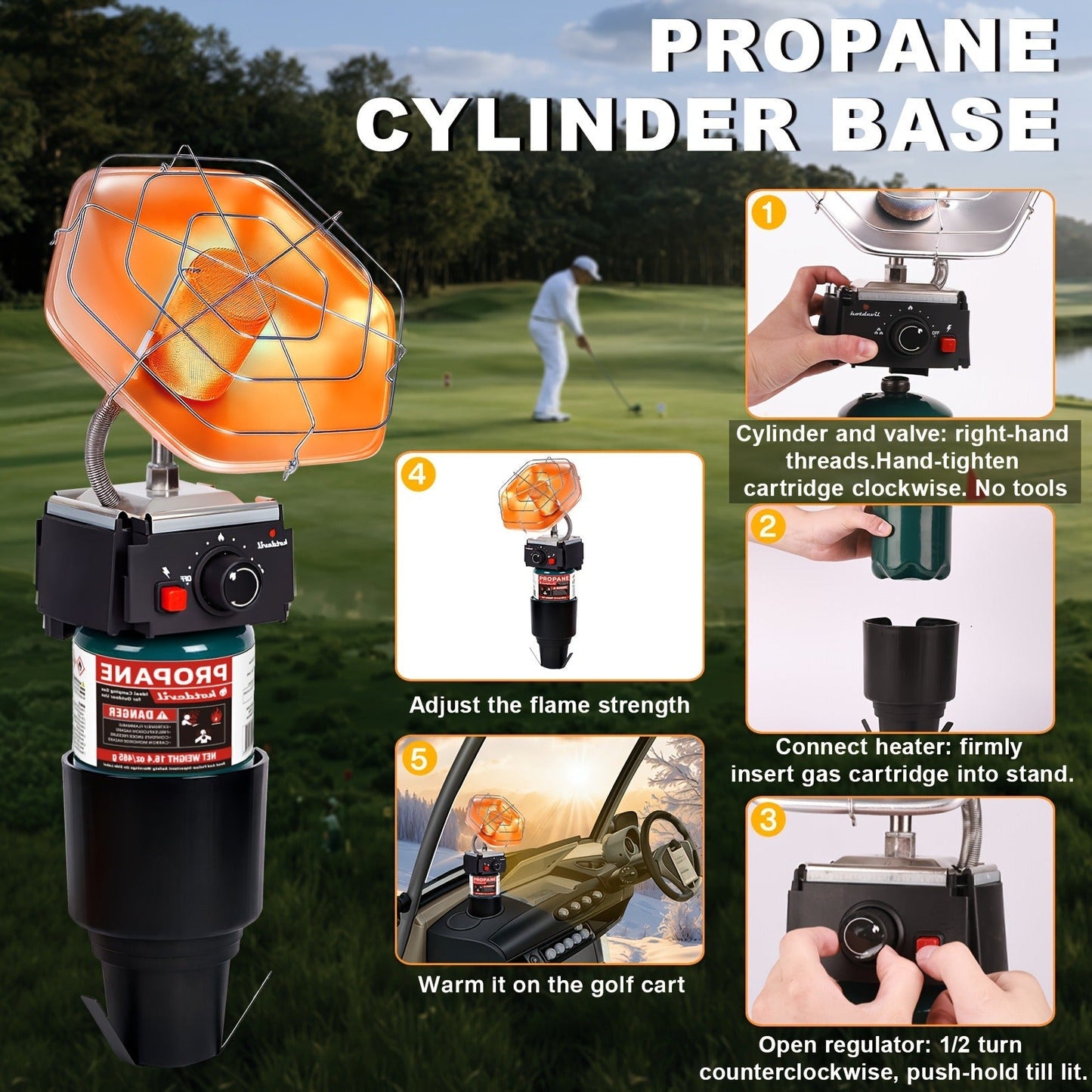 Golf Cart Heater 8520 BTU Portable Propane Catalytic Burner with Cup Holder Mount, Pulse Ignition