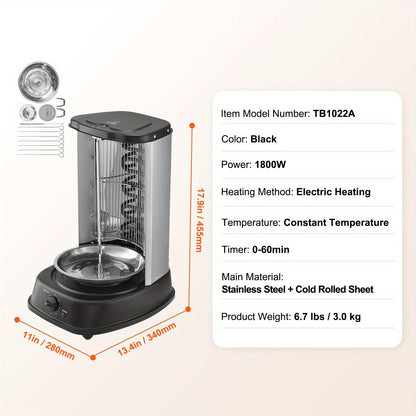 Vertical Shawarma Grill Machine, Electric Gyro Rotisserie Oven with Countertop Broiler for Home Cooking, Dining and Outdoor Meals