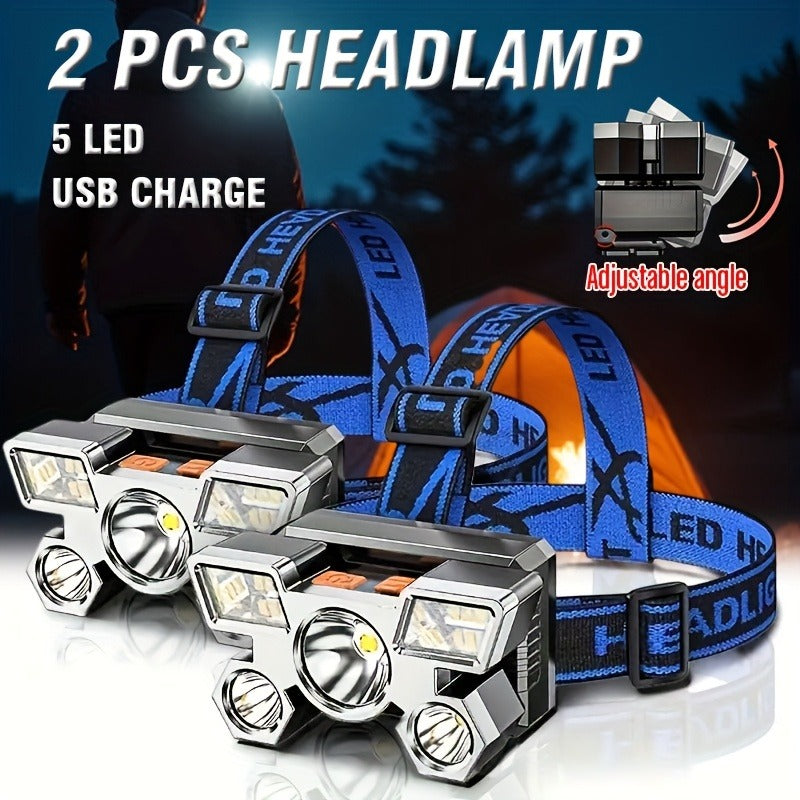 Two-Pack Rechargeable Headlamps with Five LEDs, Four Modes, 90° Tilt, IP44 Marking and Two USB Cables