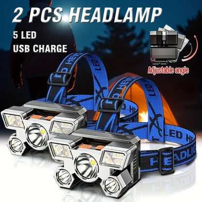 Two-Pack Rechargeable Headlamps with Five LEDs, Four Modes, 90° Tilt, IP44 Marking and Two USB Cables