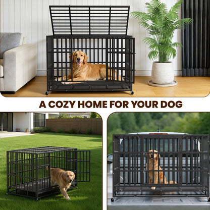 Heavy Duty Escape-Proof Dog Crate with Wheels & Removable Tray – Double Door Indoor Kennel for Large & XL Dogs | 42IN & 48IN