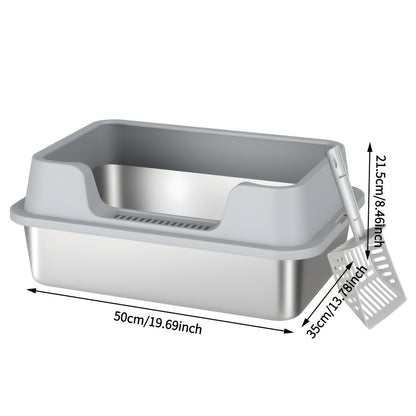 Stainless Steel Cat Litter Box with Scoop – High-Wall Semi-Enclosed Design, Non-Stick Easy Clean Surface, Anti-Leakage Odor Control