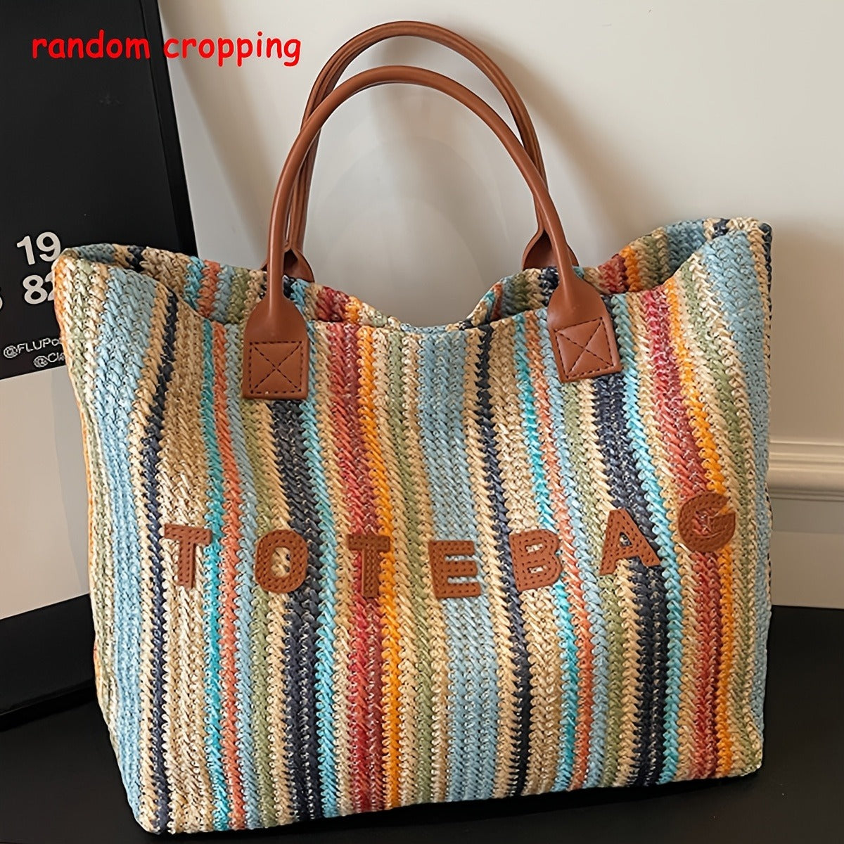 Straw Tote Bag for Women Large Capacity Bohemian Hand-Woven Striped Beach Bag Summer Vacation Shoulder Bag Colorful Letter Pattern