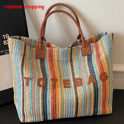 Straw Tote Bag for Women Large Capacity Bohemian Hand-Woven Striped Beach Bag Summer Vacation Shoulder Bag Colorful Letter Pattern