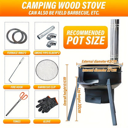 Round Wood-Burning Camp Stove Set with Chimney Pipe, Tripod Legs and 13.78- or 16.93-Inch Diameter Options