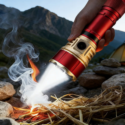 Tactical Flashlight with Fire Starter – Fresnel Lens Igniter, 3000 Lumen LED, 21700 Rechargeable Battery, Zoomable Aluminum Torch