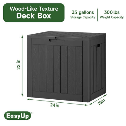 Outdoor Resin-Style Deck Box in 35- or 45-Gallon Sizes with Lockable Lid, Side Handles and Two Colors