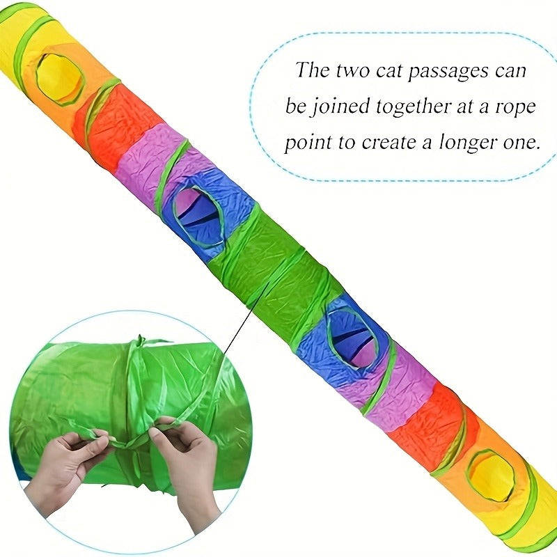Collapsible Cat Tunnel Toy – Foldable S-Shaped & 3-Way Tube with Ball & Peek Holes, Rainbow Colors, Connectable Cat Play Tunnel for Indoor