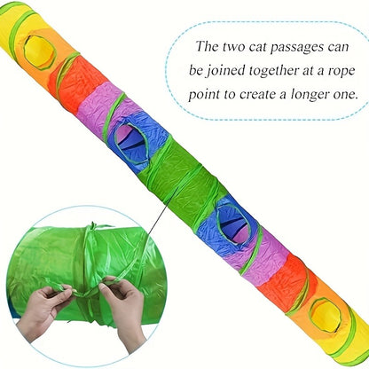 Collapsible Cat Tunnel Toy – Foldable S-Shaped & 3-Way Tube with Ball & Peek Holes, Rainbow Colors, Connectable Cat Play Tunnel for Indoor