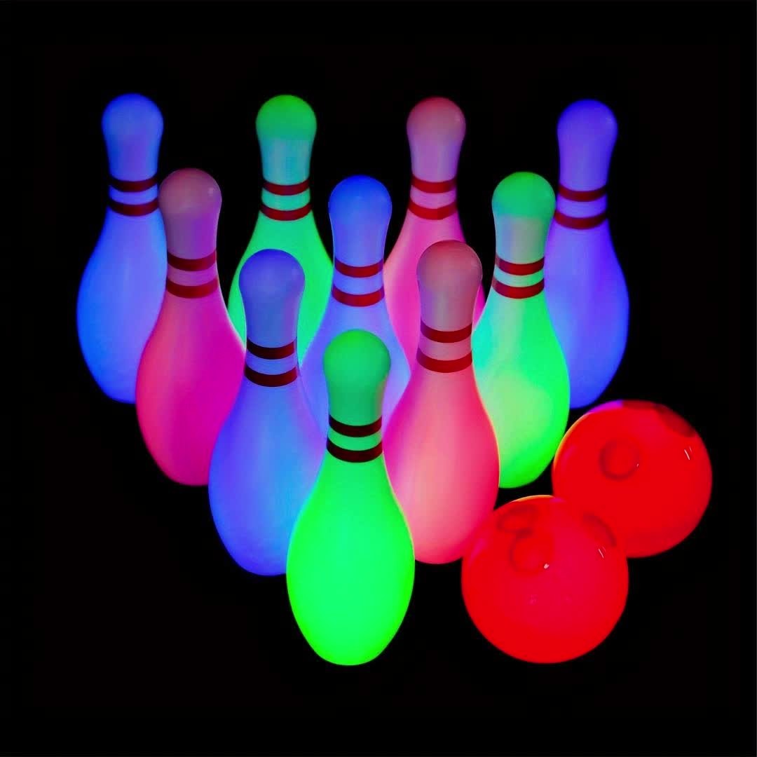 Light-Up Kids Bowling Set with 10 Pins & 2 Balls – Glowing Indoor Outdoor Bowling Game for Boys & Girls, 7.87-Inch Tall Pins