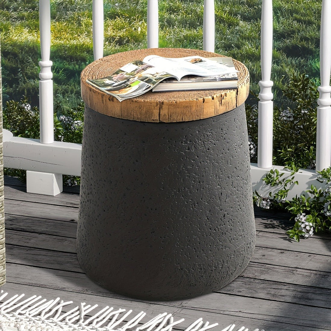 Outdoor Side Table 17-Inch Concrete Design with Wood-Look Top in Black, Hourglass and Compact Options