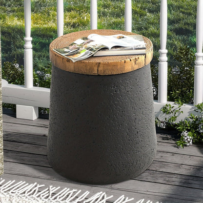 Outdoor Side Table 17-Inch Concrete Design with Wood-Look Top in Black, Hourglass and Compact Options