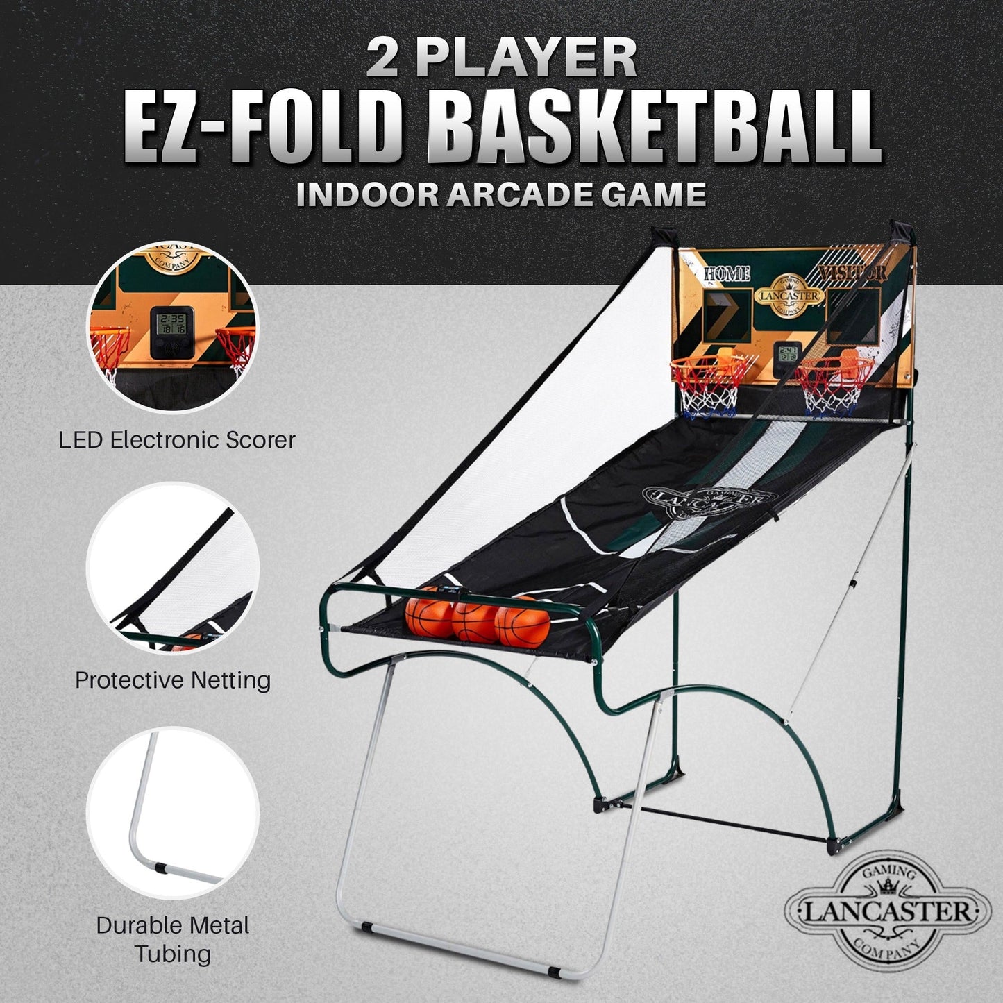 2 Player Indoor Basketball Arcade Game EZ Fold – Dual Hoop Shot Challenge with LED Scoring, 8 Game Modes, 3 Basketballs & Air Pump