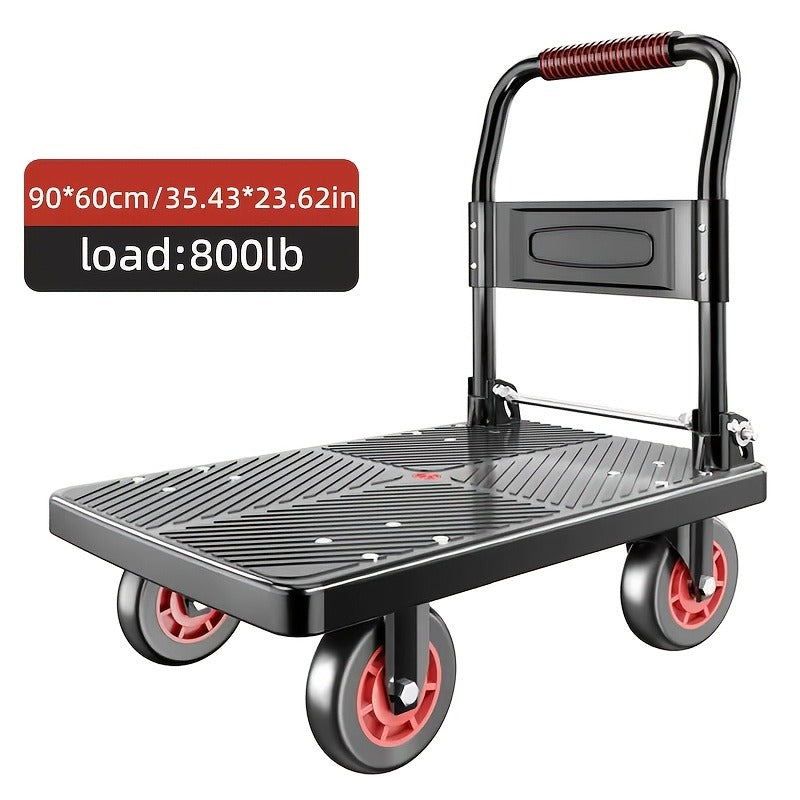 Four-Wheel Platform Dolly Cart with Folding Handle, Two Platform Sizes and 660 or 800 lb Load Labels