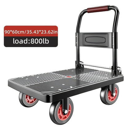 Four-Wheel Platform Dolly Cart with Folding Handle, Two Platform Sizes and 660 or 800 lb Load Labels