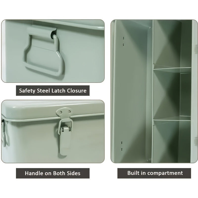 Metal First Aid Box with Safety Lock – Empty Medicine Storage Tin & Emergency Supply Organizer for Home Office Car Camping