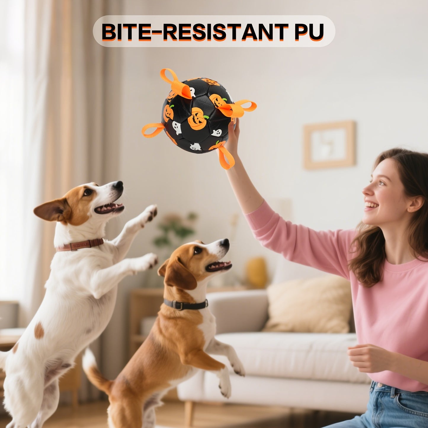 Halloween Dog Ball Toy with Pump – Football Shaped Chew Ball for Dogs, Pumpkin Ghost Design, Durable Rubber Fetch Toy
