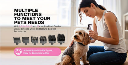 Dog Grooming Clippers Professional Kit – Low Noise Rechargeable Pet Hair Trimmer with Ceramic Blade, 8 Guards, Scissors & Comb for Dogs